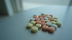 На столе лежат круглые таблетки в пастельных тонах